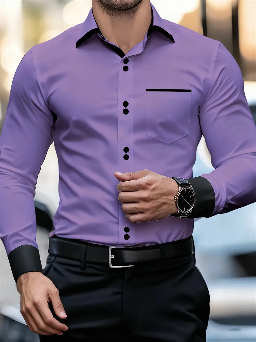 Herren-Business-Langarmhemd mit Farbblockkragen, schmale Passform, knitterfrei, schwarz-weißes Patchwork-Hemd, modisches Herrenoberteil