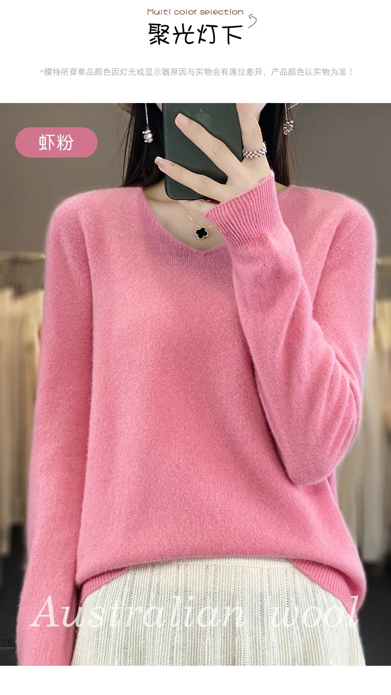 Frauen 100% Merinowolle Pullover V-Ausschnitt Basic Pullover Herbst Winter Kaschmir Kleidung Langarm weiche Strickwaren Tops einfarbig