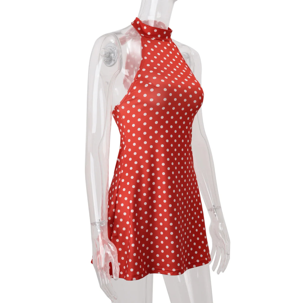 Polka Dot Elegante Off Schulter Ärmellose Backless Hohe Taille Halter Mini Kleid Y2K Sommer Fashion Club Party Vestidos