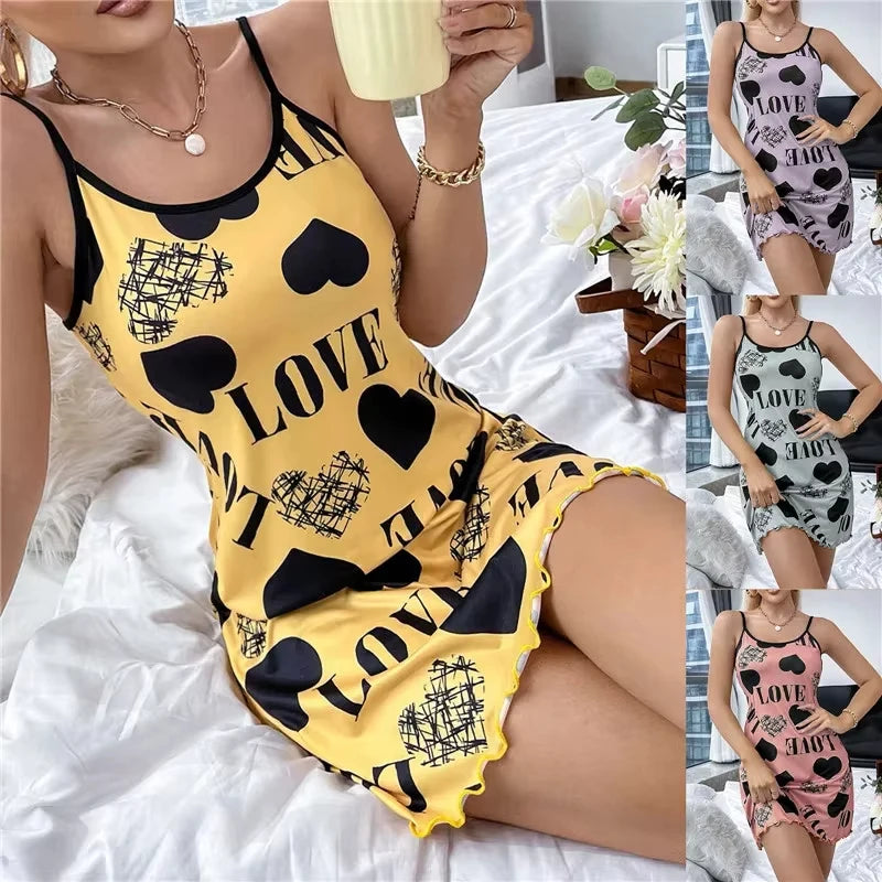 Sommer Neue frauen Nachthemd Schönheit Zurück Dünne Abschnitt Von Hause Tragen Sexy Halter Kurzen Rock Liebe Cartoon Nette Druck Pyjamas