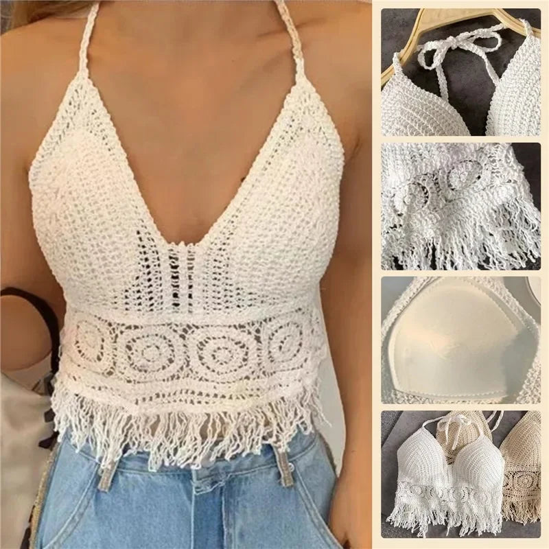 2024 sommer Sexy Strand Kurze Crop Top für Frauen Leichte Aushöhlen Häkeln Quasten Saum Halter Bhs Bustier mit Brust Pads
