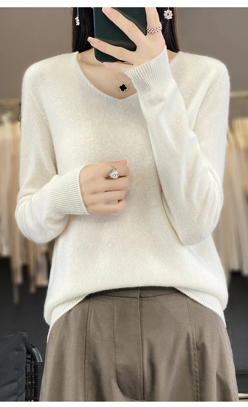 Frauen 100% Merinowolle Pullover V-Ausschnitt Basic Pullover Herbst Winter Kaschmir Kleidung Langarm weiche Strickwaren Tops einfarbig