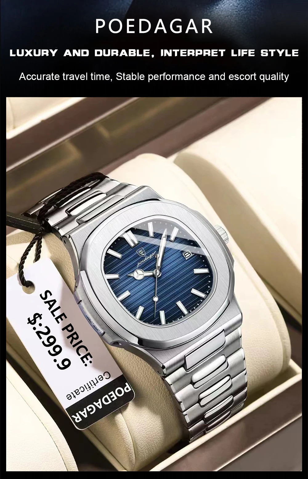 POEDAGAR Luxus Casual Uhr Top Marke Fashion Square Zifferblatt Edelstahl Kalender Leuchtende Wasserdichte Männer Uhr Männliche Uhr + Box
