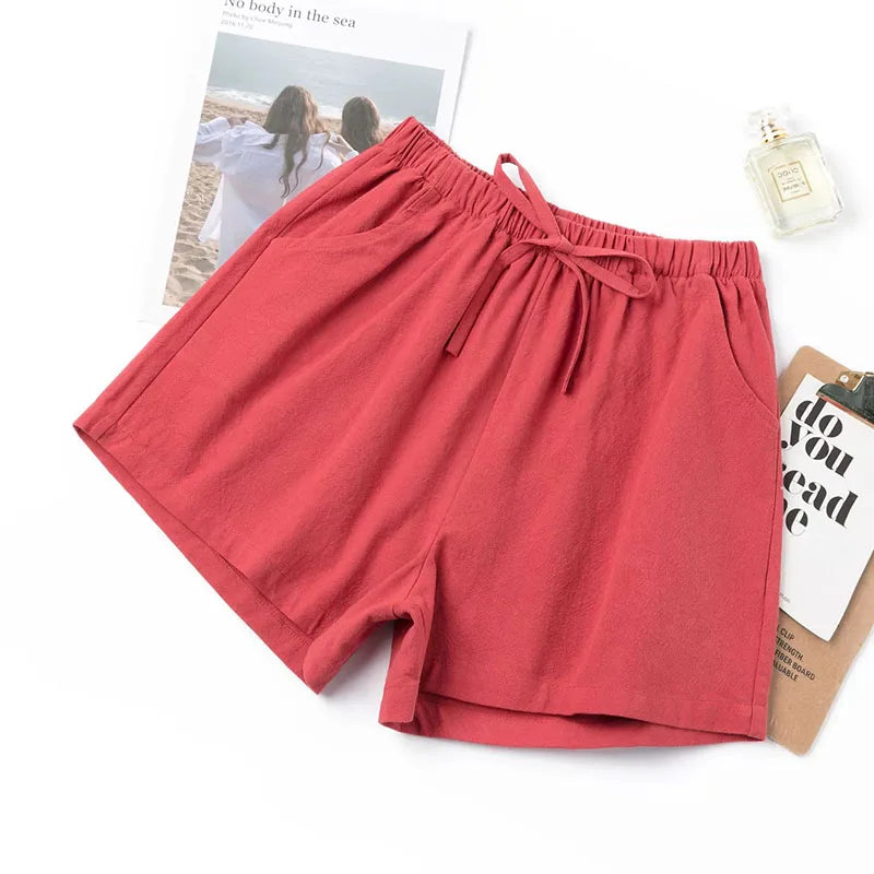 Damen Baumwoll-Leinen-Shorts 2026 – Neue Sommer High-Waist Freizeit-Sportshorts für Damen, einfarbig mit Taschen, lockere Strand-Shorts