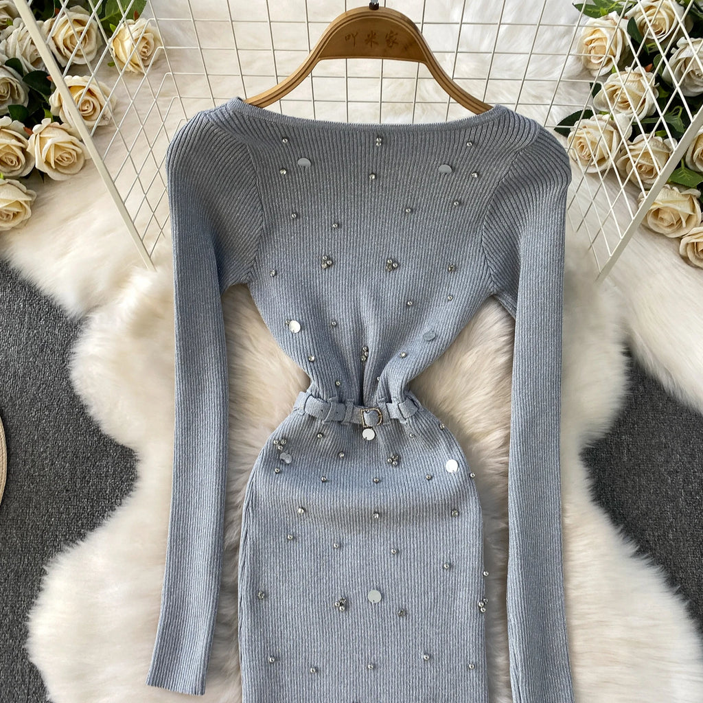 Schickes, sexy, elegantes, langärmliges, figurbetontes O-Ausschnitt-Kleid für Damen, koreanische Abendkleider für Modezeremonie