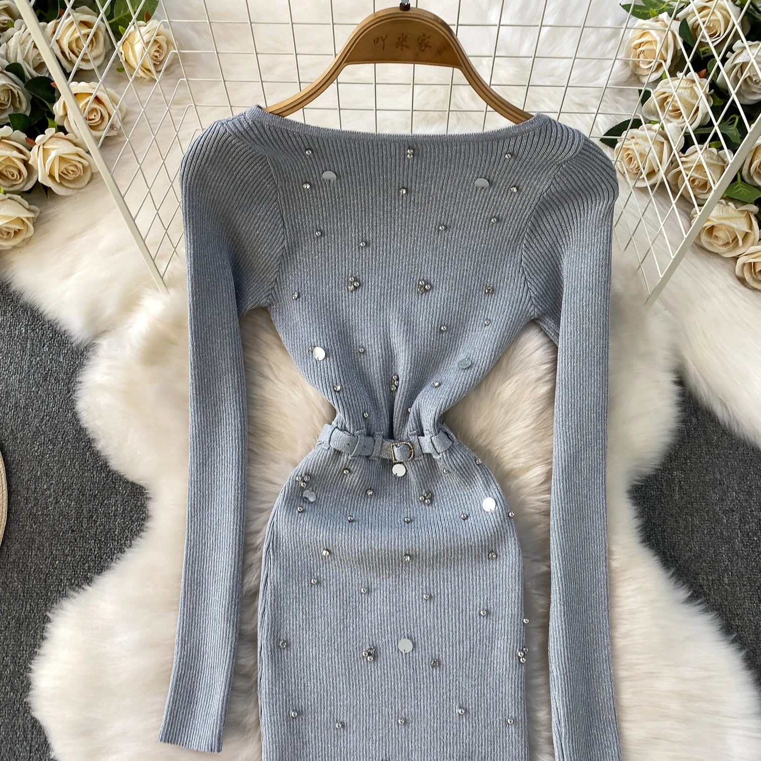 Schickes, sexy, elegantes, langärmliges, figurbetontes O-Ausschnitt-Kleid für Damen, koreanische Abendkleider für Modezeremonie