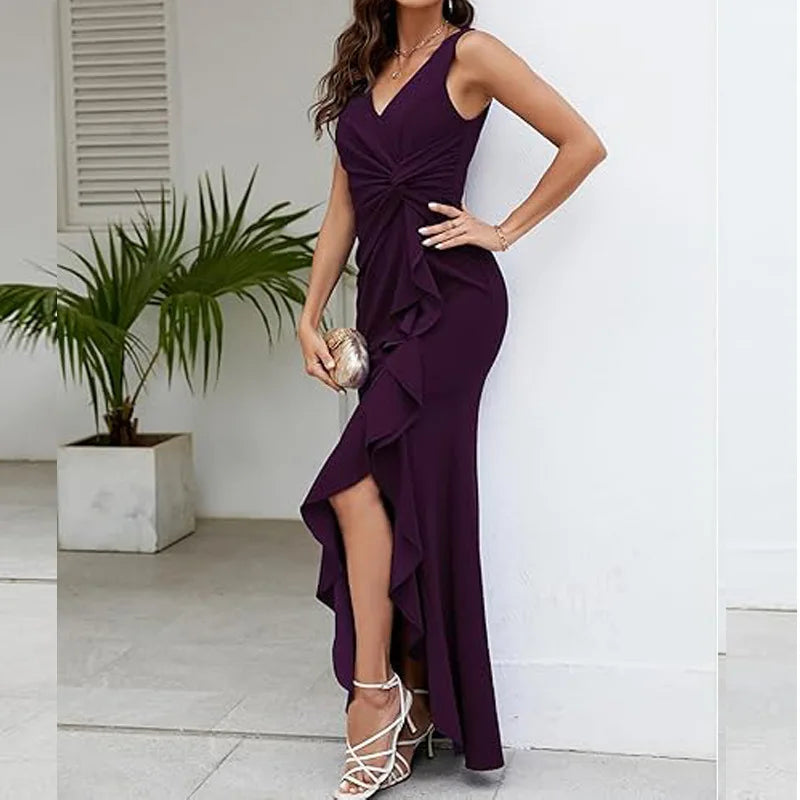 Sexy Schlitz, Rüschen, ärmellos, Abendkleider für Damen, modisch, V-Ausschnitt, schlank, plissiert, elegantes weibliches Maxi-langes Kleid 2025,