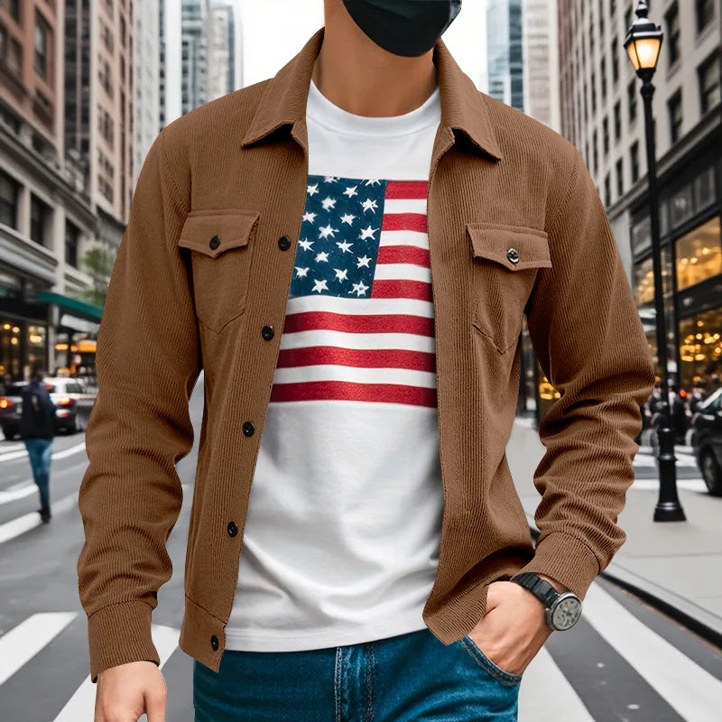 Amerikanische schwere Cord-Herrenjacke, einfache und vielseitige Langarmjacke mit Stehkragen und mehreren Taschen
