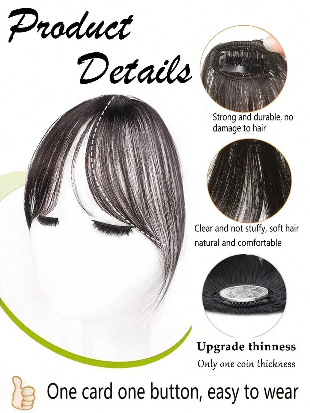 Syntheseperücke, mittlerer Teil, Pony, Haarverlängerungen, Clip-in-Stirn, natürlich, nahtlos, französischer schräger Pony, Pony mit acht Zeichen