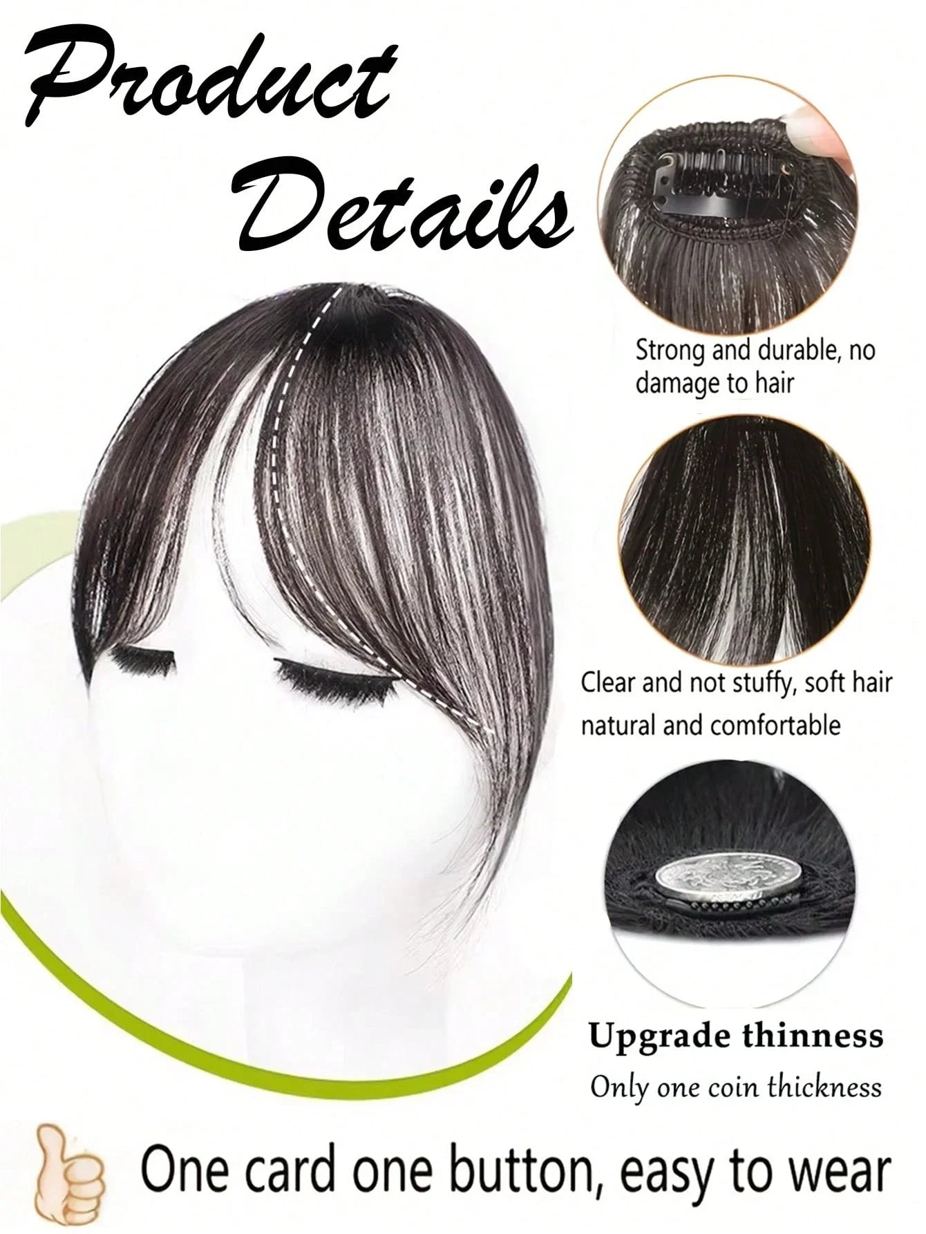 Syntheseperücke, mittlerer Teil, Pony, Haarverlängerungen, Clip-in-Stirn, natürlich, nahtlos, französischer schräger Pony, Pony mit acht Zeichen