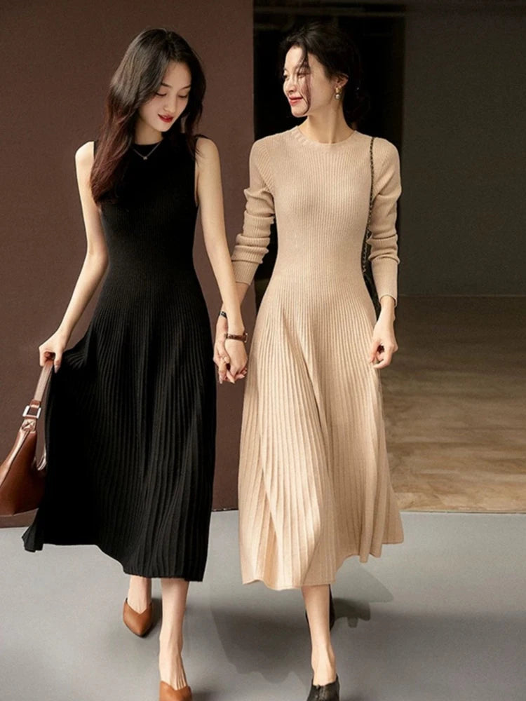 Frühling Herbst Pullover Damen Kleid 100 % Merinowolle Kleid O-Ausschnitt Slim Maxirock Basic Langarm Kleid Sexy Inside Join Dress