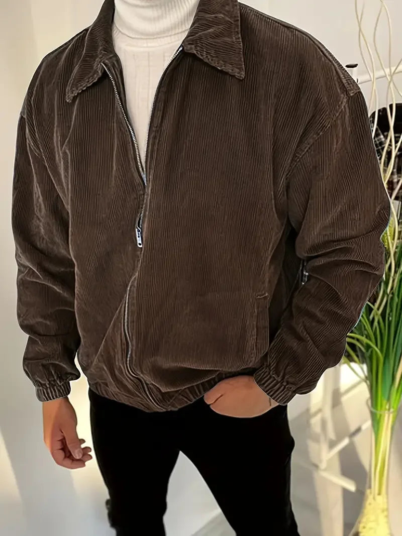 Men's Corduroy Zipper Jacket Casual Fashion Top Spring Autumn Outerwear for Streetwear Comfortable Fit Zippered Coat