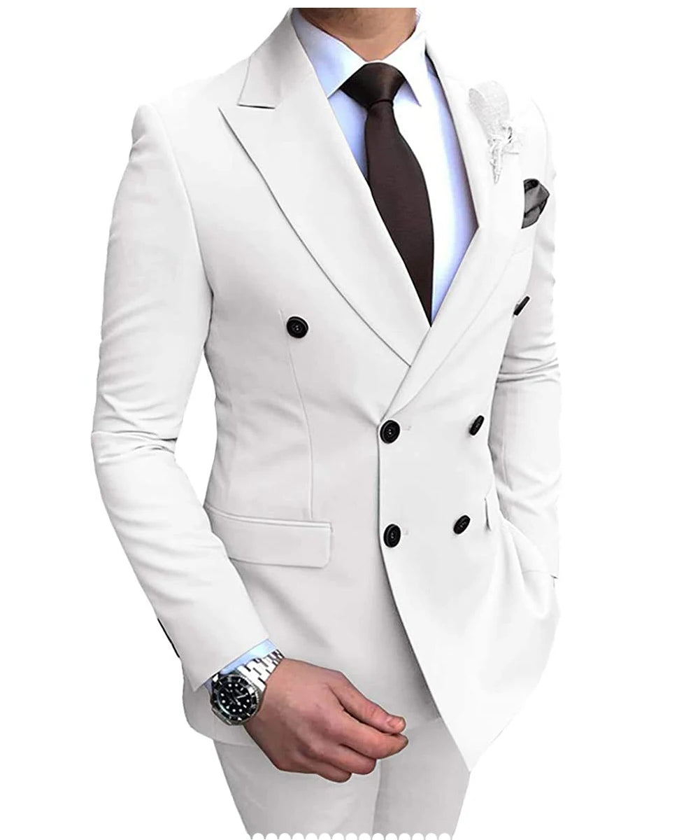 2024 Neuer beigefarbener Herrenanzug, 2-teilig, zweireihig, Reverskragen, flach, schmale Passform, lässiger Smoking für Hochzeit (Blazer + Hose)