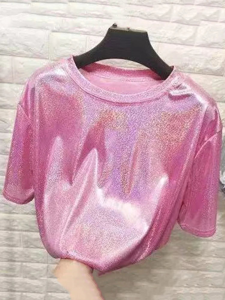 Sommer Frau Tops glänzend lose Kurzarm T-Shirt sexy Club ästhetische Harajuku Frauen stilvolle helle Seide T-Shirt
