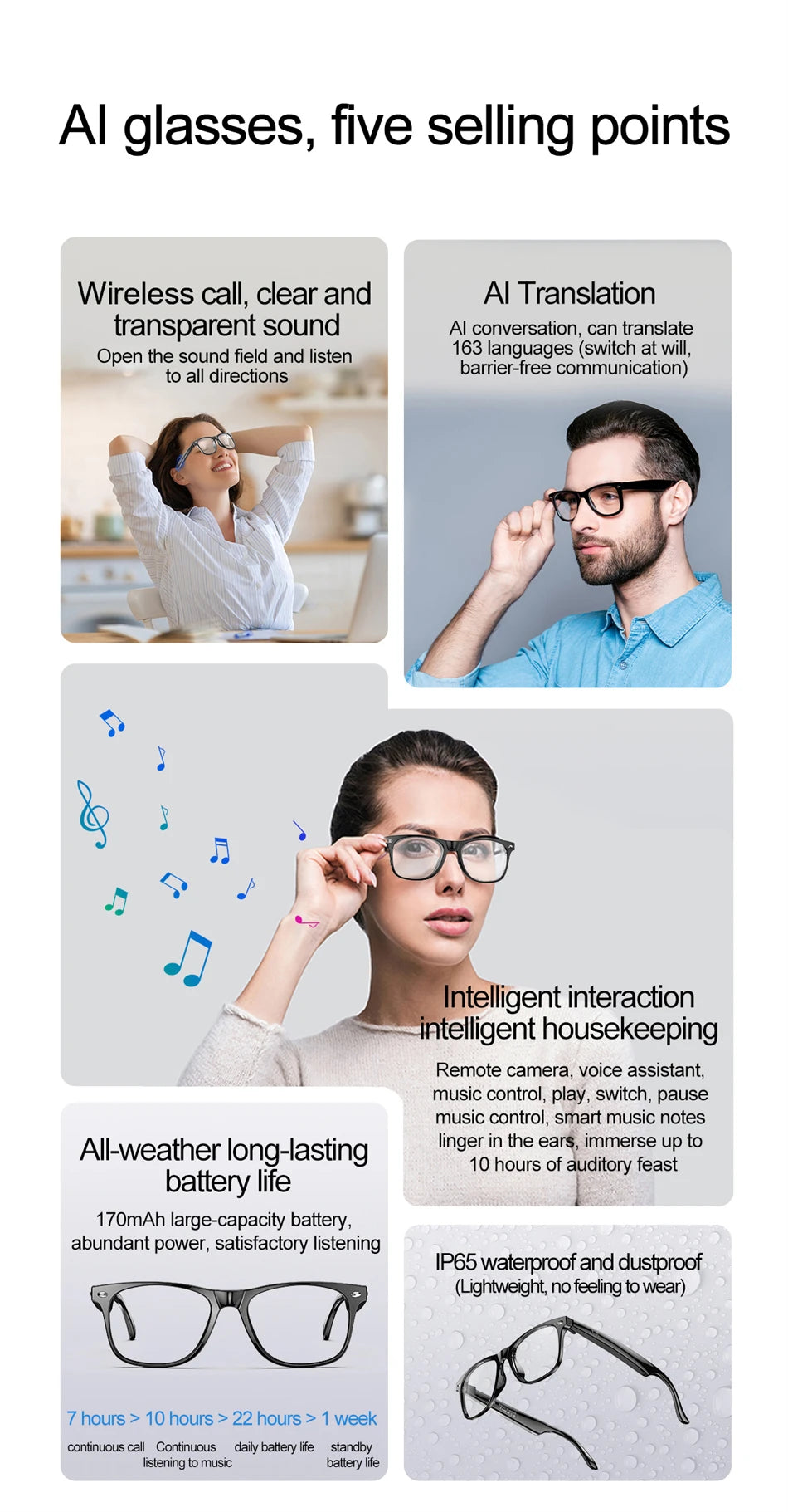 AI Intelligent Translation Glasses 163 Online Language AI Automatic Dialogue Translation Bluetooth Translation Glasses Men Women