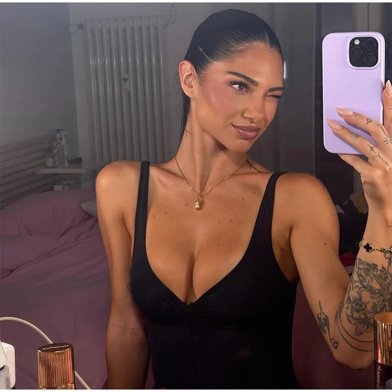 Sexy Schlanker Einfarbiger Korsett-Kurz-Jumpsuit für Damen V-Ausschnitt Reißverschluss Ärmellos Rückenfrei Bodysuit 2026 Frühling Sommer Damen Chic Bustier Neu