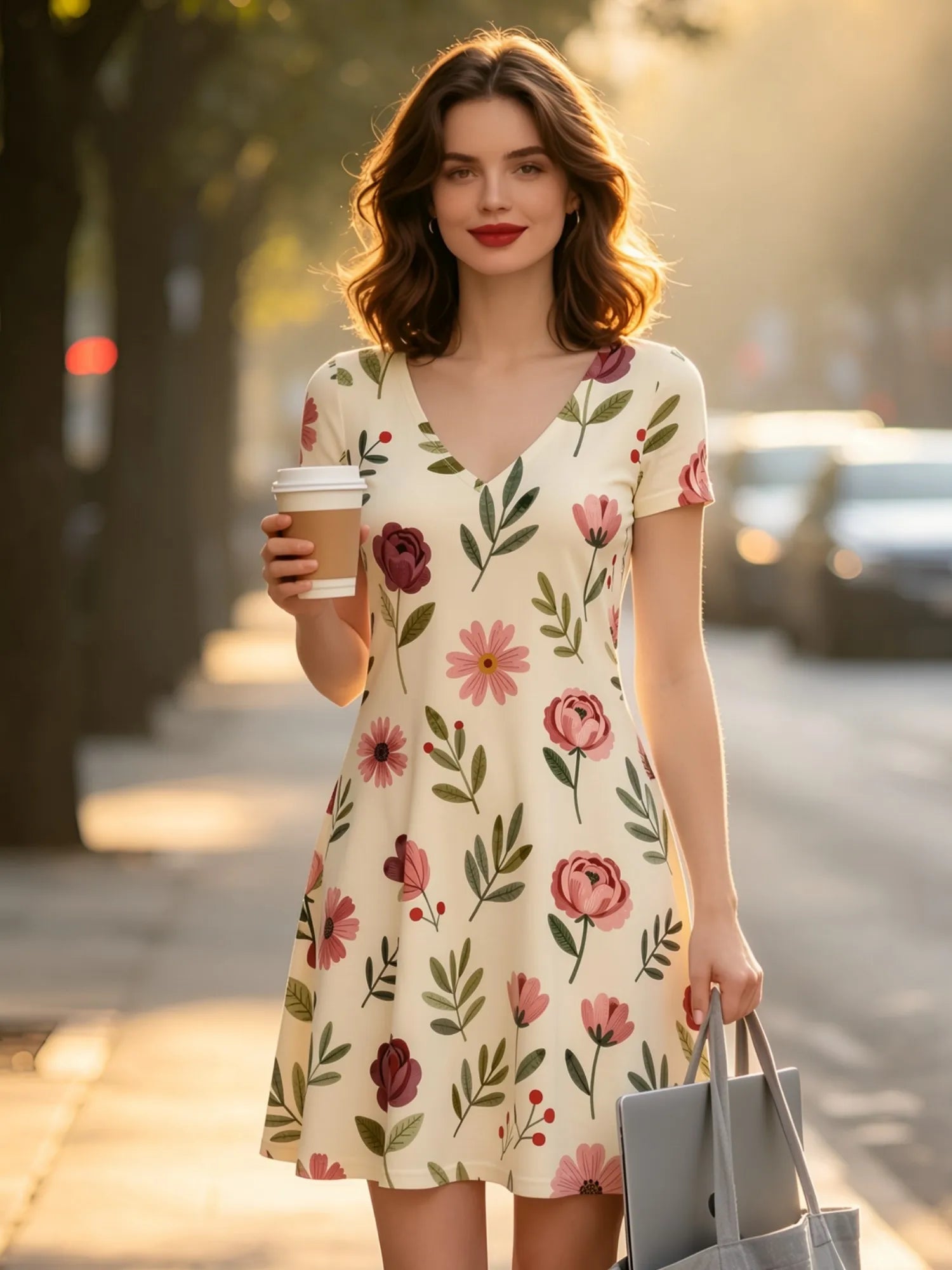 Damen-Kleid mit V-Ausschnitt, kurzen Ärmeln und Blumenmuster, A-Linie, lässig, für Terrasse, Brunch, Sommer, Sommerkleid, Outfit, schön, für den Alltag, feminin, anmutig, einfach