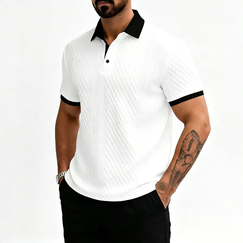 2026 Sommer Herren Jacquard-Strick Poloshirt mit Kontrastkragen Kurzarm Locker Sitzend Weich Atmungsaktiv Lässig Sport Tägliche Kleidung Oberteile