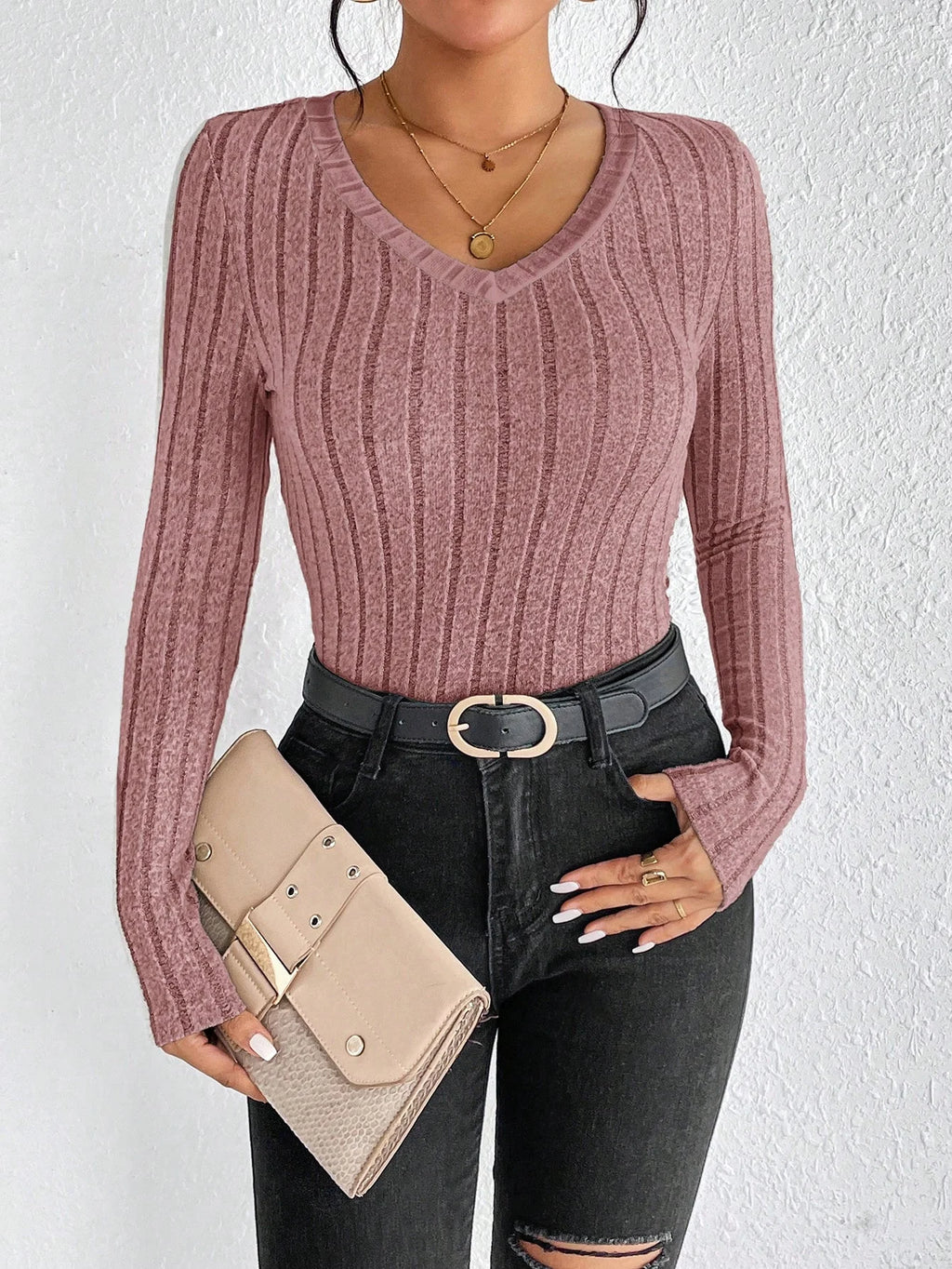 Slim Fit V-Neck Knitted Jumper Long Sleeve Top for Women Sexy Trendy Pullover Casual Wear