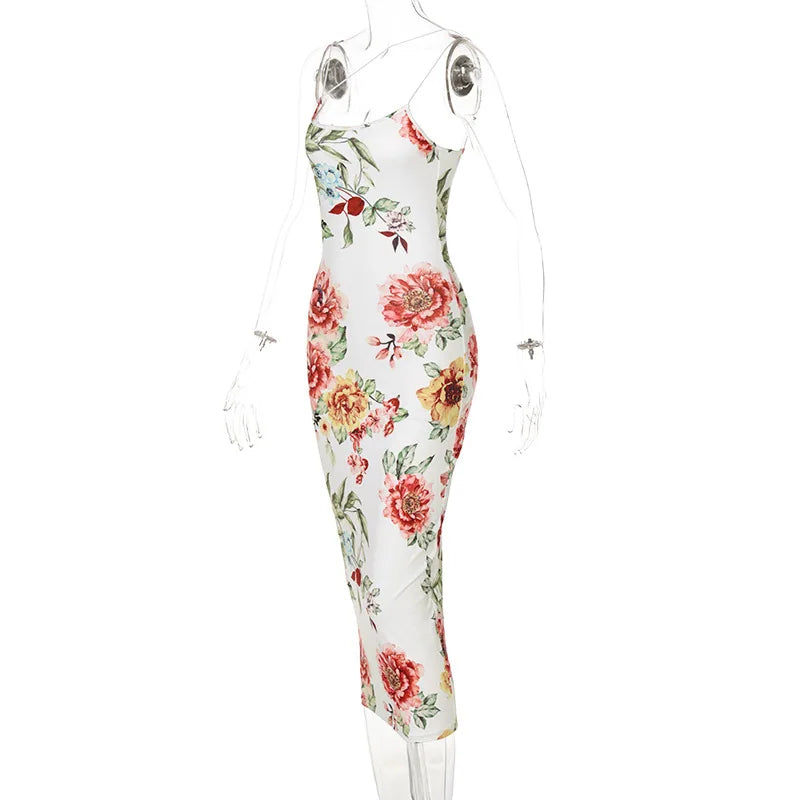 Vintage Floral Print Schlank Bodycon Maxi Kleid Frauen Ärmellose Spaghetti Strap Dünne Lange Kleid Elegante Club Party Vestidos