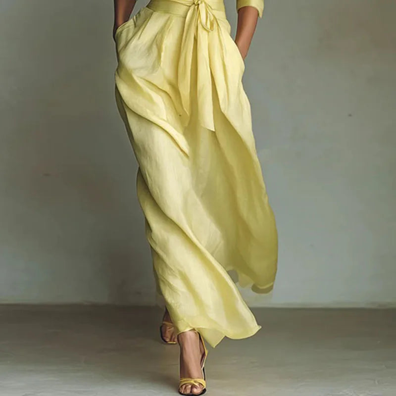 Böhmisches Elegantes Schnür-Maxikleid mit Hoher Taille für Damen Neues Umlegekragen-Kleid mit Ausschnitten für Partys Frühling 3/4 Ärmel Taschen-Maxikleid