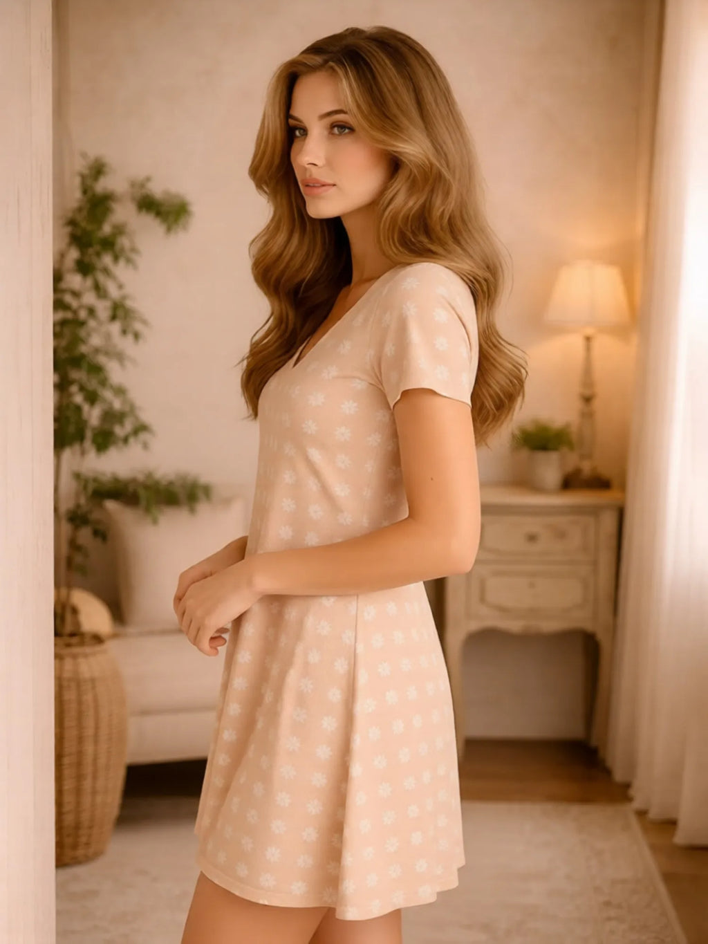 Damen V-Ausschnitt Kurzarm Blumen-Minikleid Lässiges Resort-Café-Sommerkleid Outfit Urlaub Reise Café Party Strand Stimmungs-Look