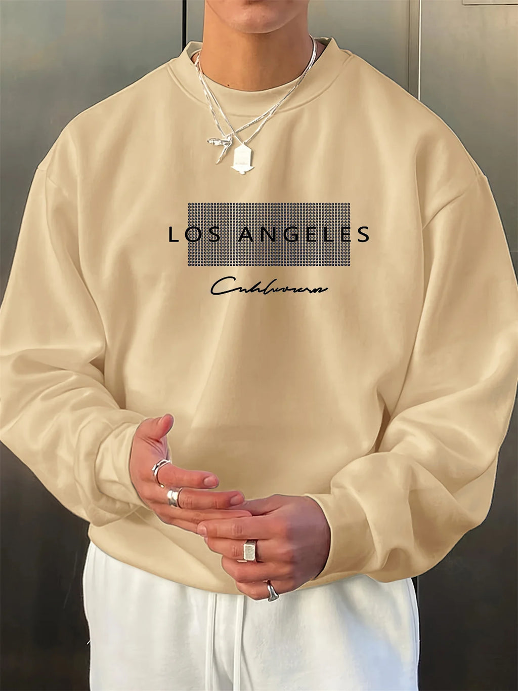 Men's autumn and winter fashionable casual loose Los Angeles letter graphic fleece long sleeved round neck sweatshirt