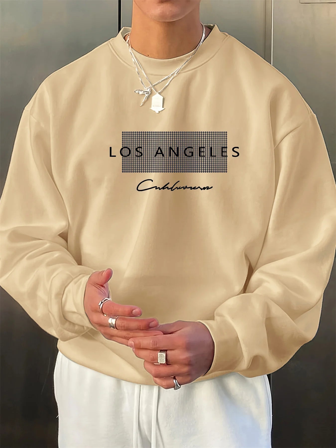 Men's autumn and winter fashionable casual loose Los Angeles letter graphic fleece long sleeved round neck sweatshirt