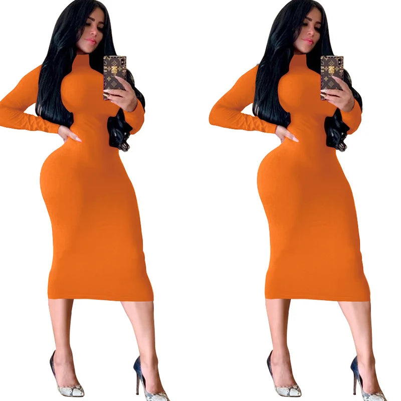Winter Schwarz Rollkragen Sexy Frauen Kleid Herbst Langarm Dünne Midi Boydcon Casual Blau Plüsch Knie-Länge Party