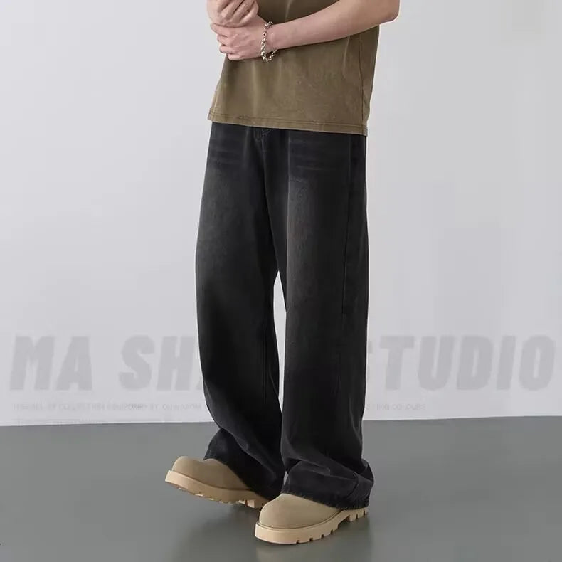 Frühling Herbst männer Neue Denim Hosen Alte Blau Gewaschen Casual Jeans Menwear Lose Neue Mode kontrast farbe Breite Bein Hosen