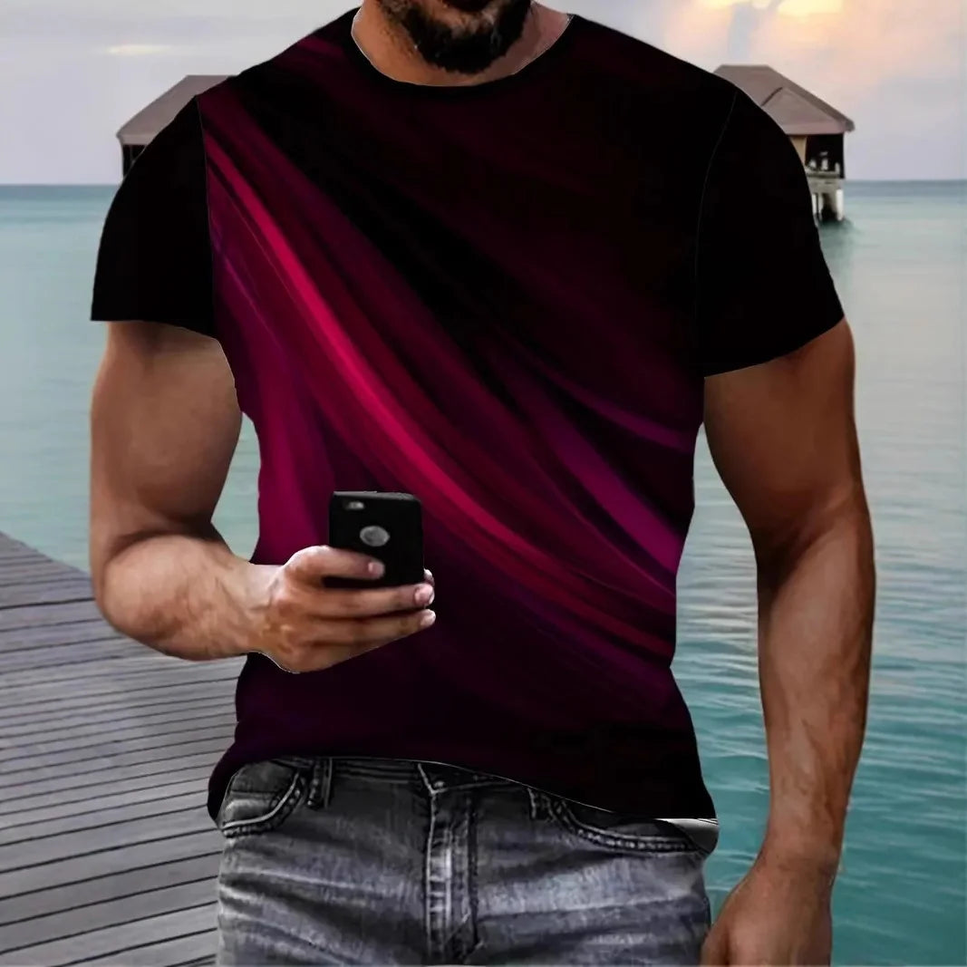2025, Sommer Herrenmode, 3D-T-Shirt, Spleißen, bedruckt, Farbblockierung, lässig, schlank, kurzärmelig, Outdoor-Sport, Laufen, Fitness
