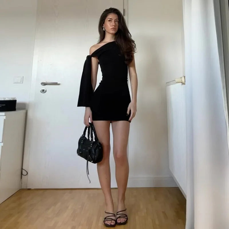 Talenza Schwarz Eine Schulter Mini Kleid Mode Heiße Mädchen Sexy Ärmellose Patchwork Bandage Kurze Kleider Frauen Neue Enge Kleider