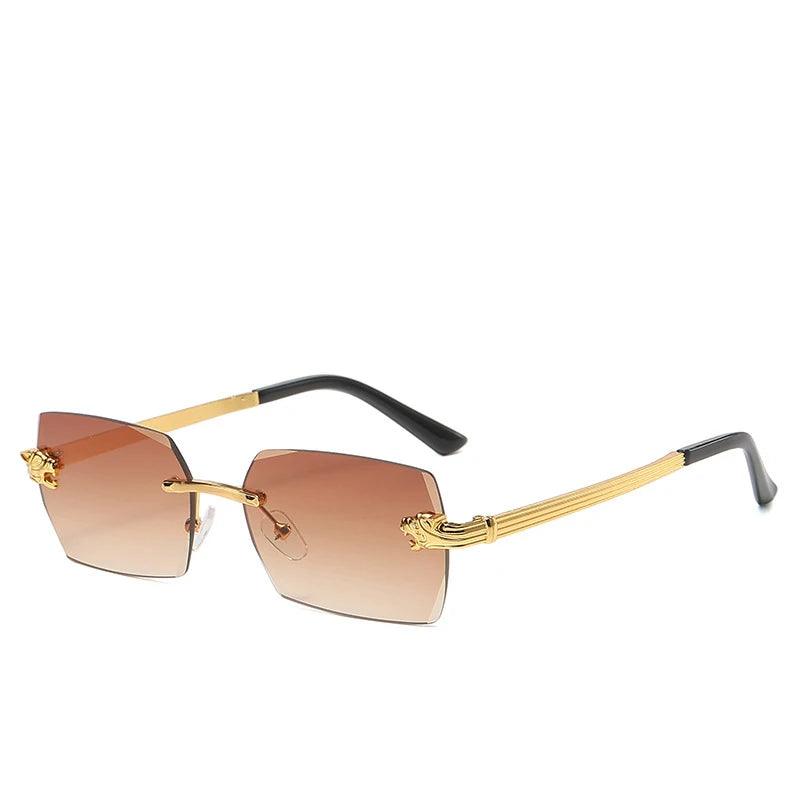 Damen Metallrahmenlose Sonnenbrille Hochwertige Luxusmarke Klassische Casual Sandfarbene Sonnenschutz-Brille Unisex Outdoor-Sport-Sonnenbrille