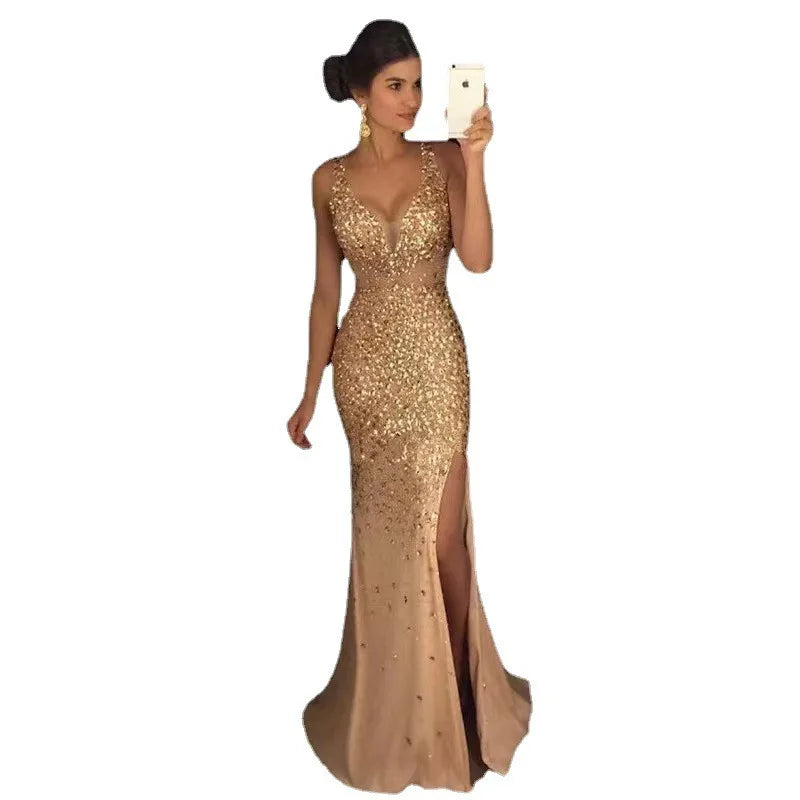 2023 neue Frauen Party Kleid Mesh Patchwork Pailletten Ärmel Split Saum Abendkleid Meerjungfrau Form Slim Fit Prom Bankett Kleid
