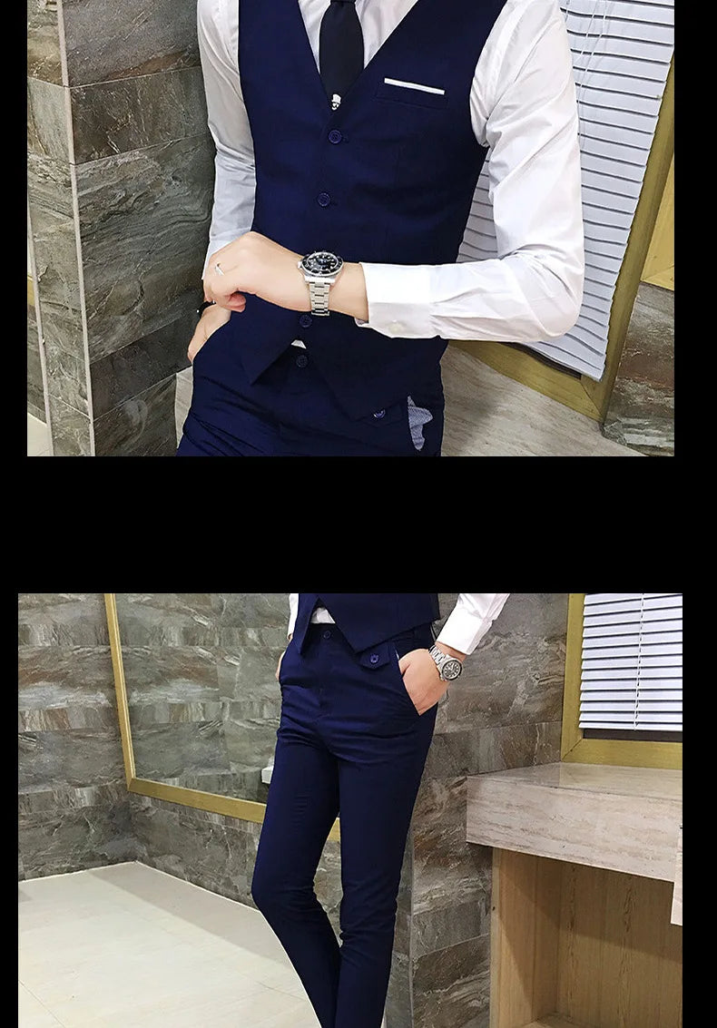 Frühling Herbst Neue Mode Für Männer Einfarbig Dünne Anzug Sets Casual Trendy Business 3 Stück Sets Blazer Weste Hosen männlichen
