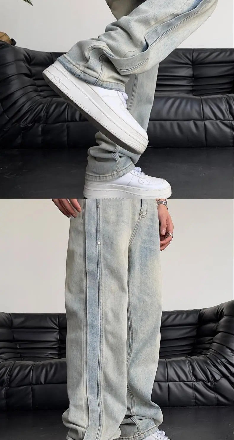 Jeans für Herren, locker, hellblau, Baggy, gerade, Cowboy-Hose, Punk, gespleißt, Y2k, Vintage-Hose, 2025, koreanischer Herbst-Trend, Baumwolle