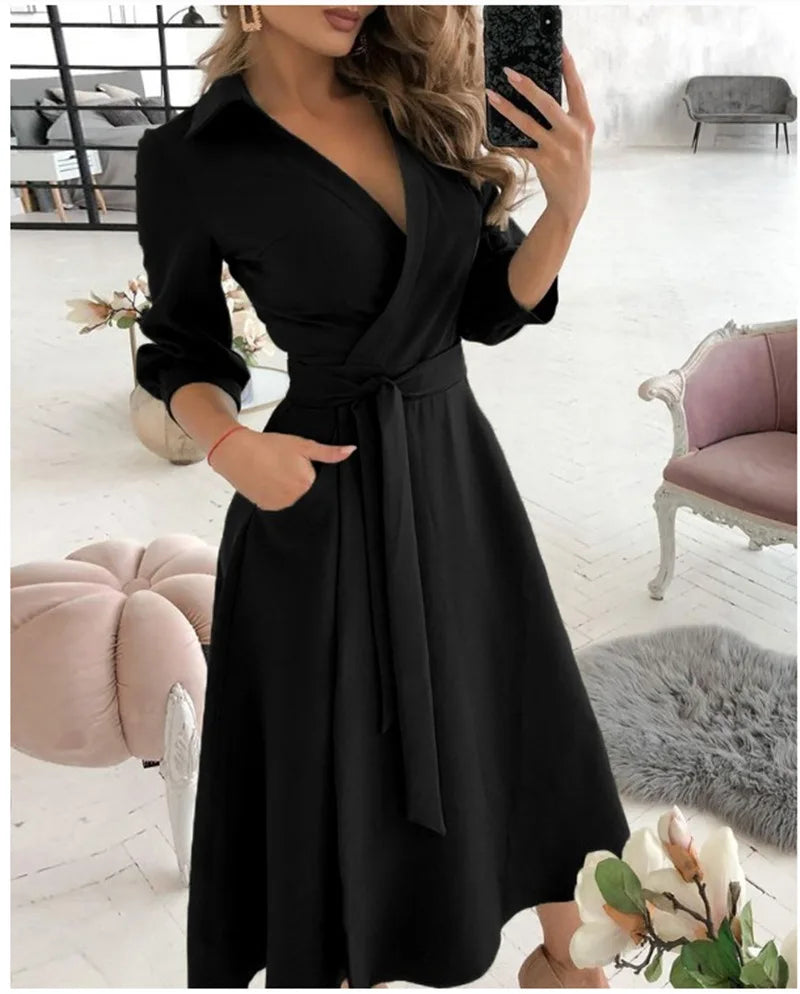 Herbst Neue Casual frauen Mode Lange ärmeln V-ausschnitt Gedruckt Muster Mid-länge Elegante Gedruckt frauen Kleid