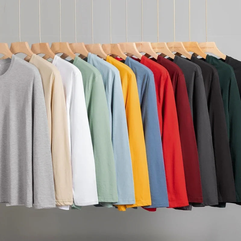 Herren-T-Shirt, einfarbig, Rundhalsausschnitt, Baumwolle, langärmelig, Sommer, bequem
