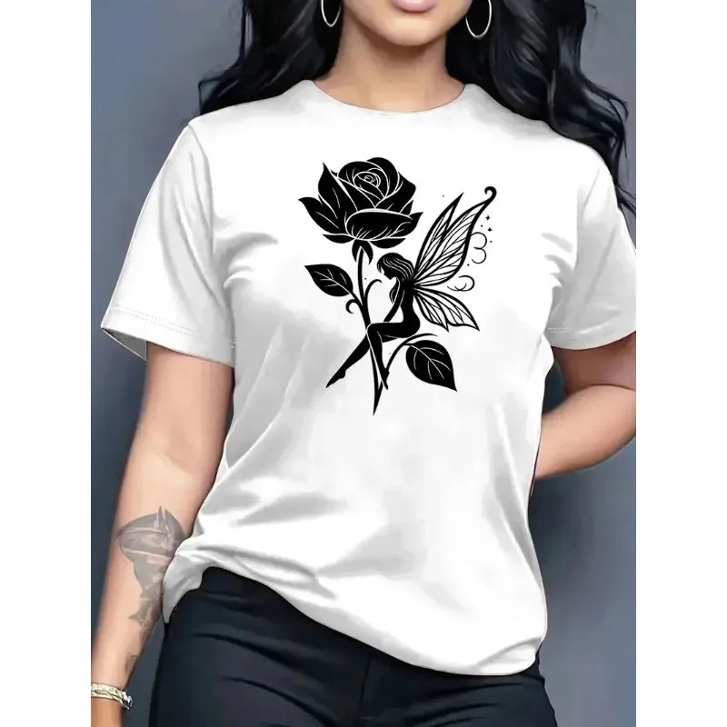 Reines Baumwoll-T-Shirt für Kinder, atmungsaktiv, Sommer 2026, Retro-Rosenelfen-Print, lässiges Eltern-Kind-Outfit für Jungen und Mädchen