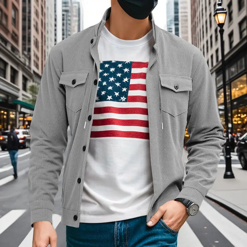 American heavy corduroy men's jacket simple and versatile multi-pocket stand-up collar long-sleeved jacket