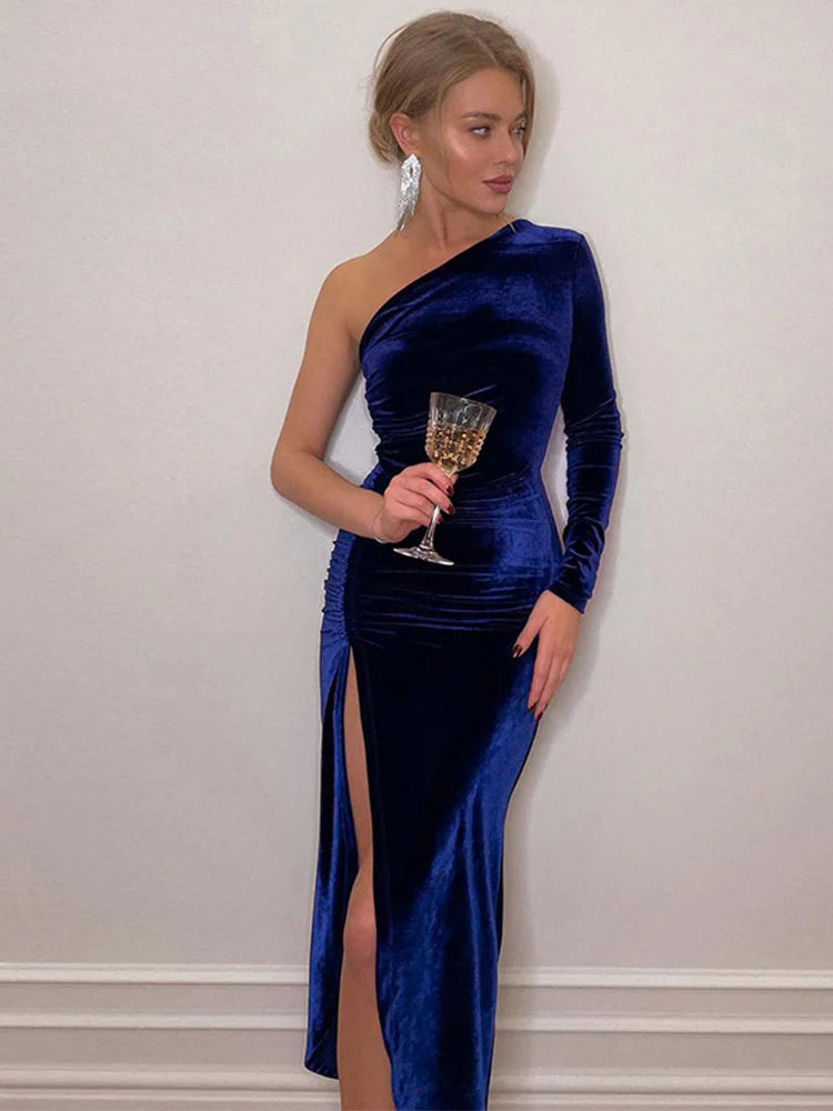 Frauen Elegante Langarm Party Abend Samt Bodycon Split Bleistift Midi Kleid 2024 Frühling Herbst Kleidung