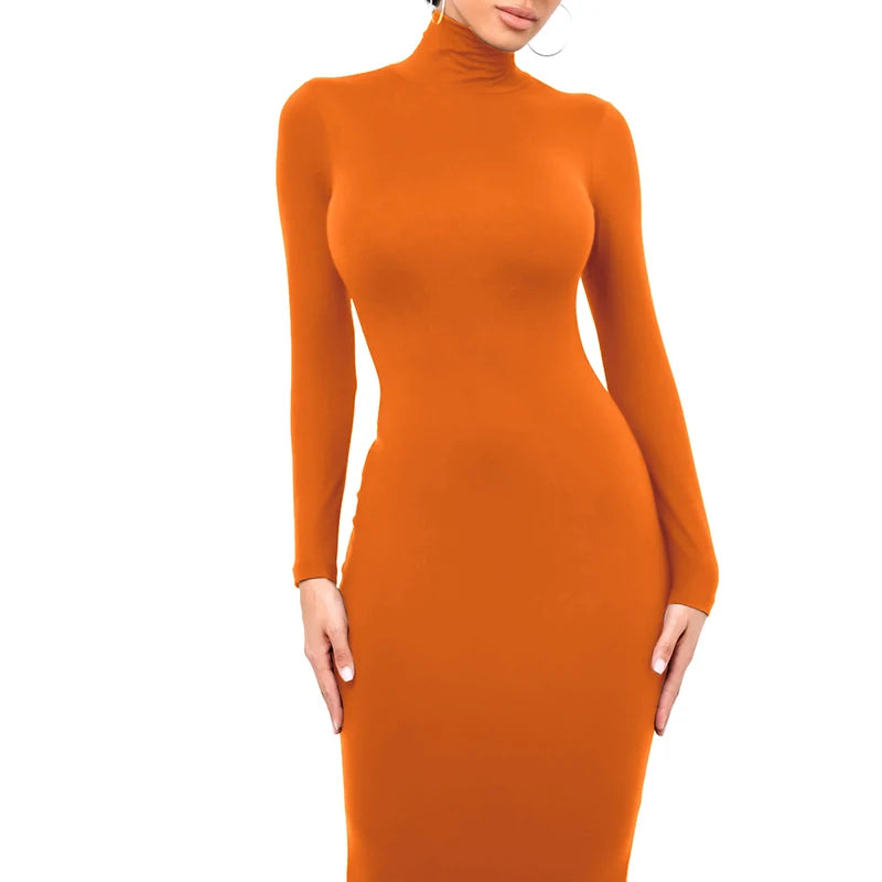 Winter Schwarz Rollkragen Sexy Frauen Kleid Herbst Langarm Dünne Midi Boydcon Casual Blau Plüsch Knie-Länge Party