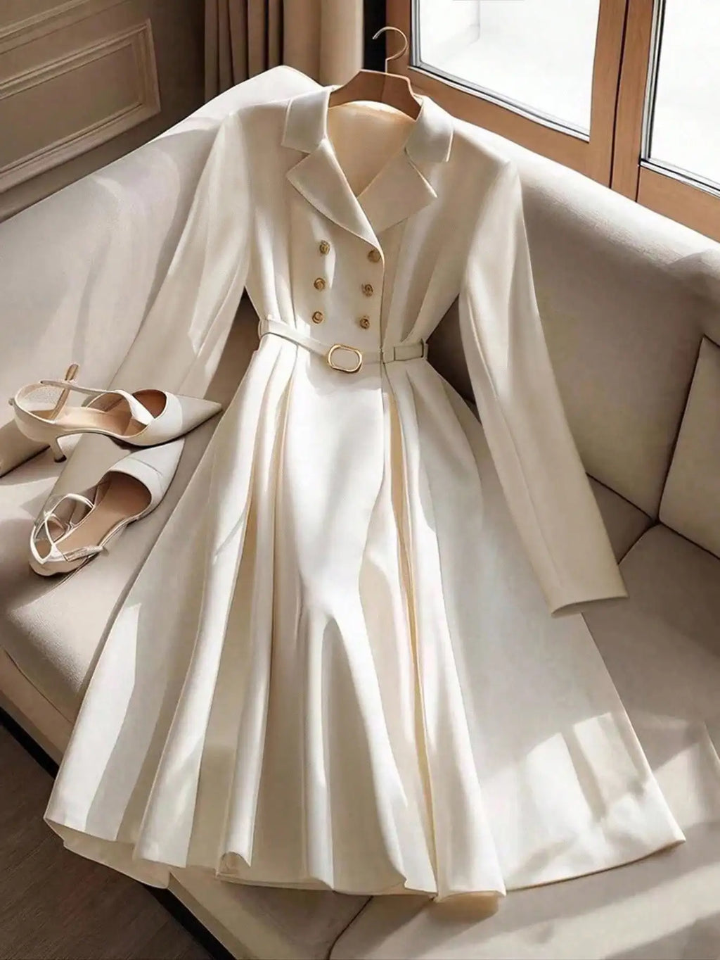 Elegantes, einfarbiges Midikleid mit Reverskragen, langen Ärmeln und Doppelknopfleiste für Damen, Herbstkleidung.
