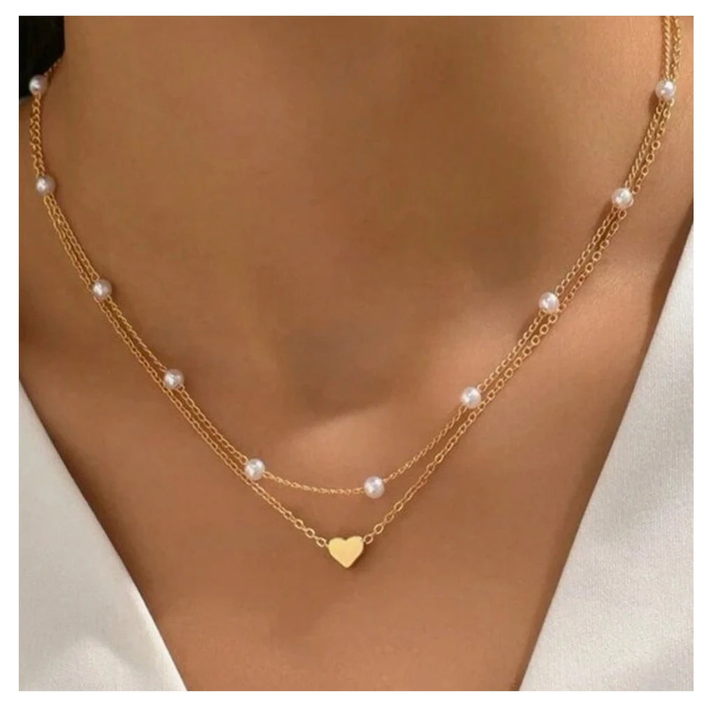 Modisches Schmuckset mit Imitationsperlen und Herzanhänger für Damen, Gold- und Silberfarben, runde Perlen, Halskette und Armband, Accessoires für den Alltag
