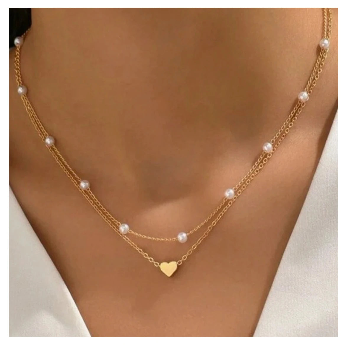 Modisches Schmuckset mit Imitationsperlen und Herzanhänger für Damen, Gold- und Silberfarben, runde Perlen, Halskette und Armband, Accessoires für den Alltag