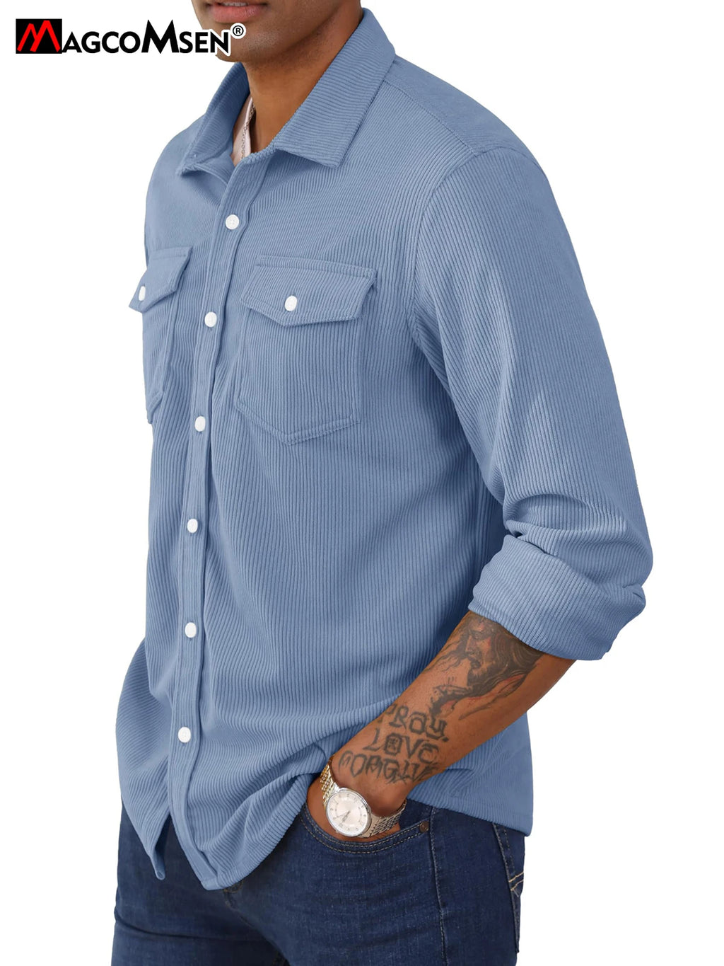 MAGCOMSEN Men's Corduroy Jacket Long Sleeve Casual Light Shirt with Chest Pocket Work Daily Jacket Spring and Autumn Coat