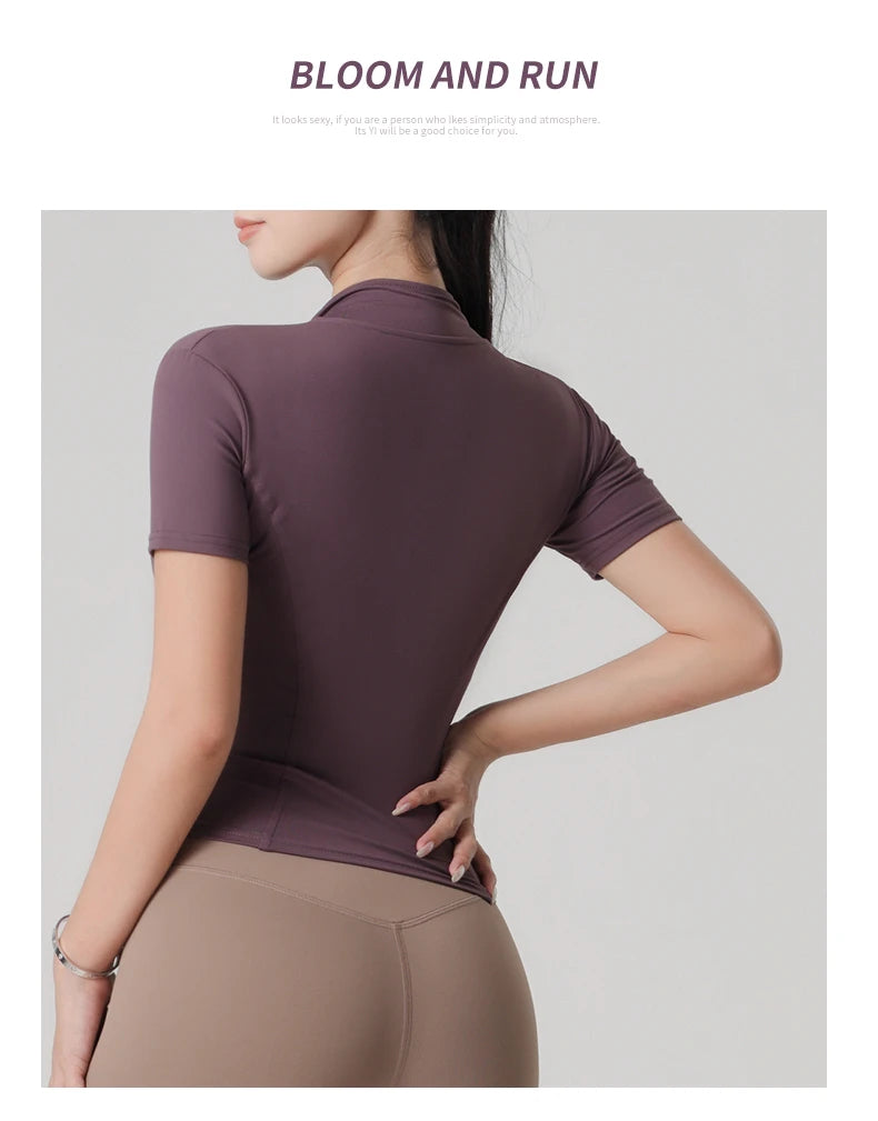 Woman yoga Jacket High Elastic Yoga Short Sleeve Coat Stand Collar Tight Sports Coat Naked Fitness Short Sleeve Female