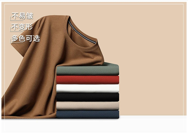 Kurzarm-PoloshirtKurzarm Waffle Solid Polot Fashion Splicing Herren-Rundhals-Top aus Baumwolle mit kurzen Ärmeln für den täglichen Gebrauch