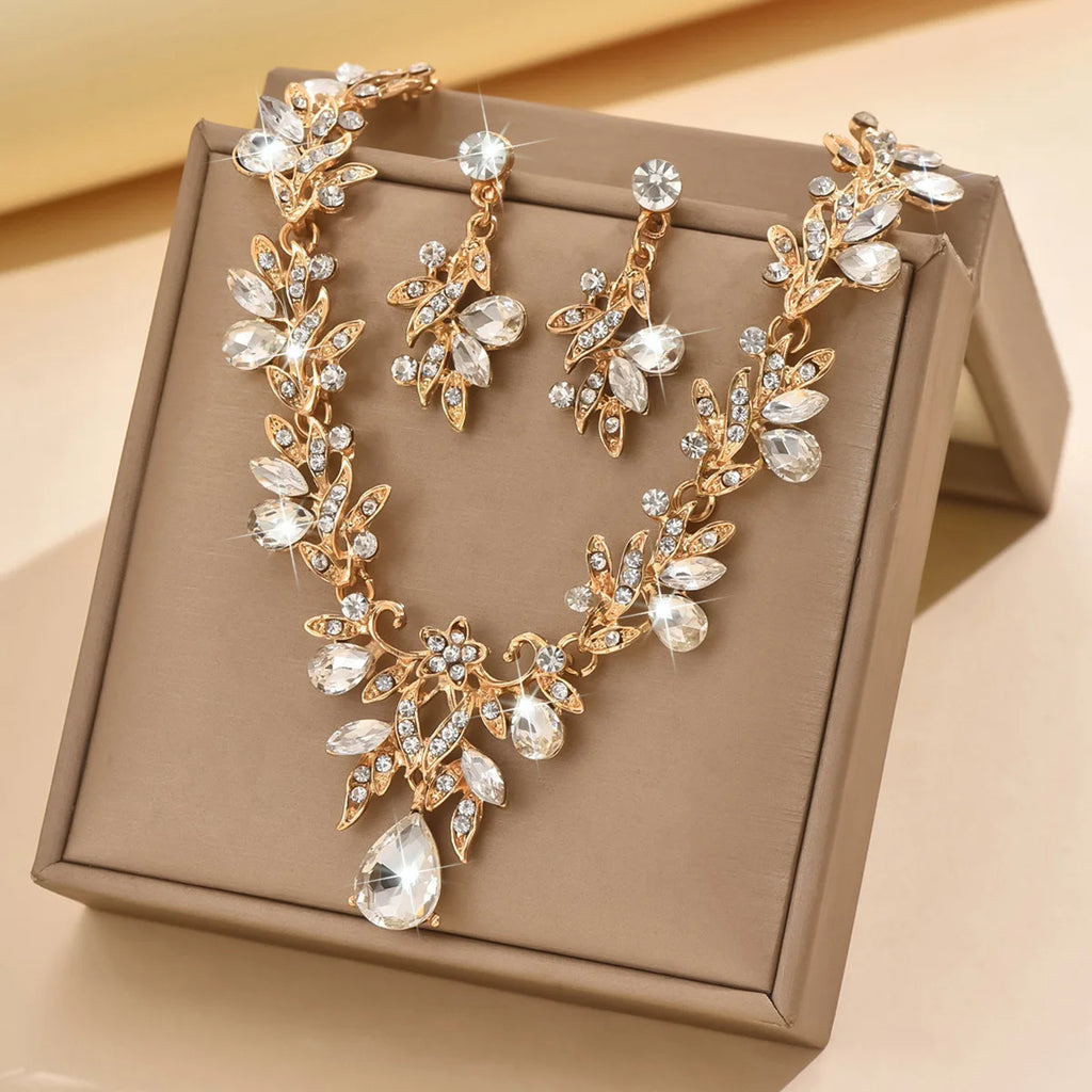 Women's Fashion Sparkling Leaf Water Drop Jewelry Set, Light Luxury Style, Gorgeous and Elegant Jewelry