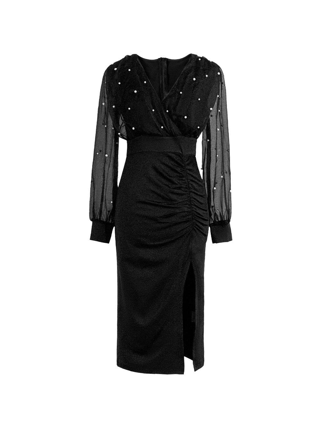 Damen Schwarzes Midi-Kleid V-Ausschnitt Mesh Perlen Lange Ärmel Gerafftes Hochgeschlitztes Bodycon-Kleid Party Cocktail Frühling Sommer Abendkleid